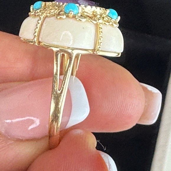 14K Yellow Gold Bezel Amethyst Turquoise and Quatrefoil White Agate Ring S 6.5 - Picture 6 of 16